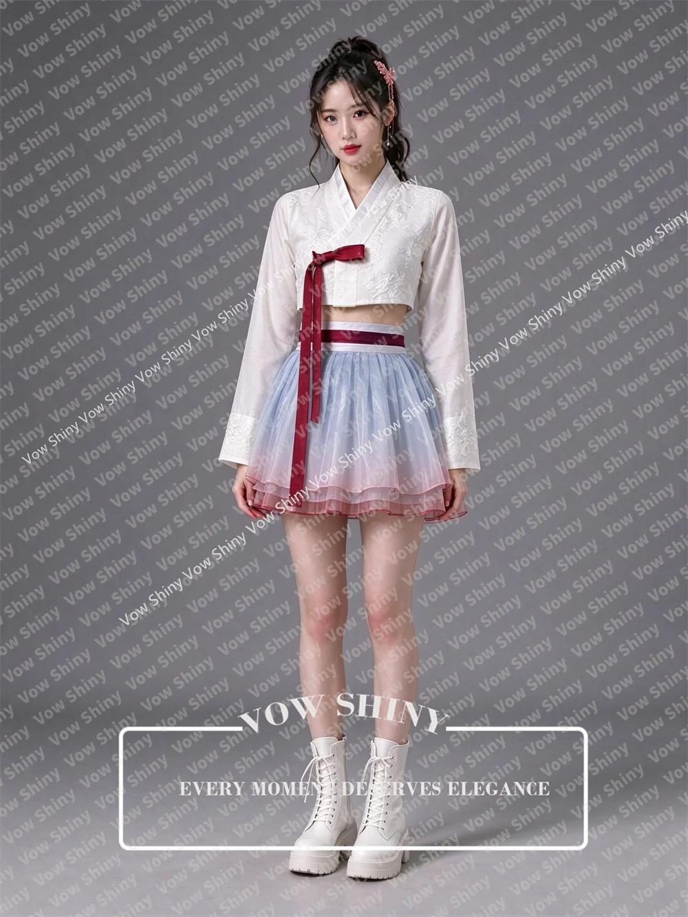 OLOEY Modern White And Gradient Blue Pink Short Hanbok Set V Neck Long Sleeve Appliques Jeogori Organza Mini Skirt Customized