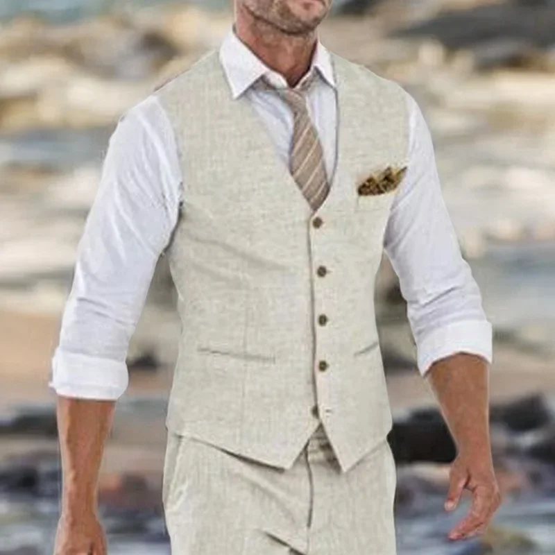 Linen Vest for Men Wedding Summer Beach One Piece Waistcoat V Neck Male Fashion Coat Ready to Ship