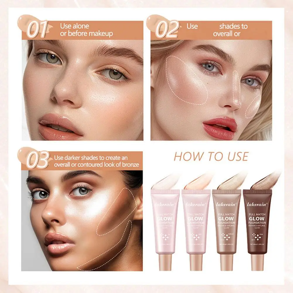 Base líquida brillante de 40ml, acabado naturalmente radiante, reparación de maquillaje duradero, brillo, Control de aceite, base líquida hidratante