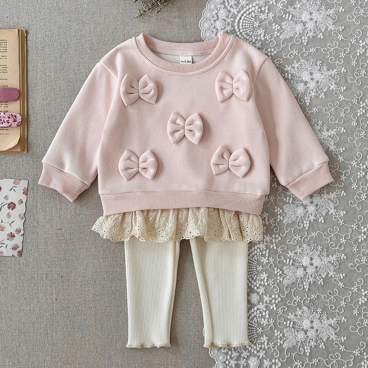 2PCS Spring Autumn New Style For 0-3 Year Old Girls Comfortable Sweet Cute Bow Decoration Lace Hem Pullover+Pant