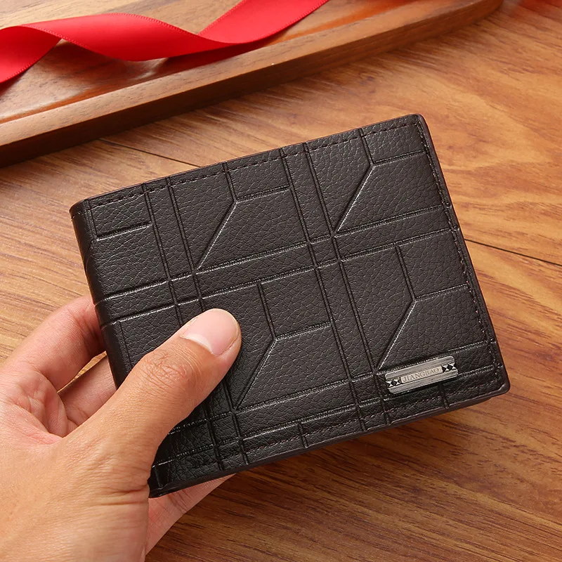 Men's Causal Short Wallet Fashion Plaid Horizontal Soft Leather Wallet Coin Wallet Male Card Holder Purse Multifunctional Bag