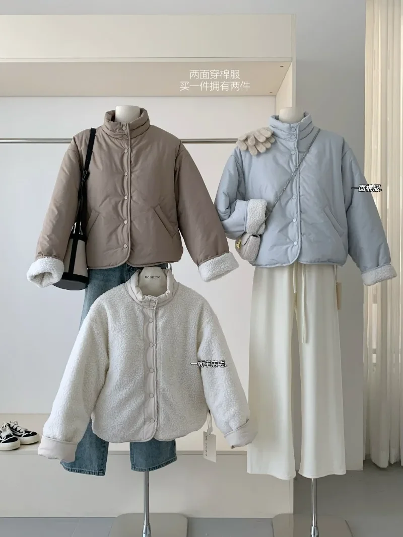 

Korean Chic Winter Niche Age-reducing Stand-up Collar Wear Thickened Loose and Versatile Long-sleeved Lamb Wool Two-sides Jacket