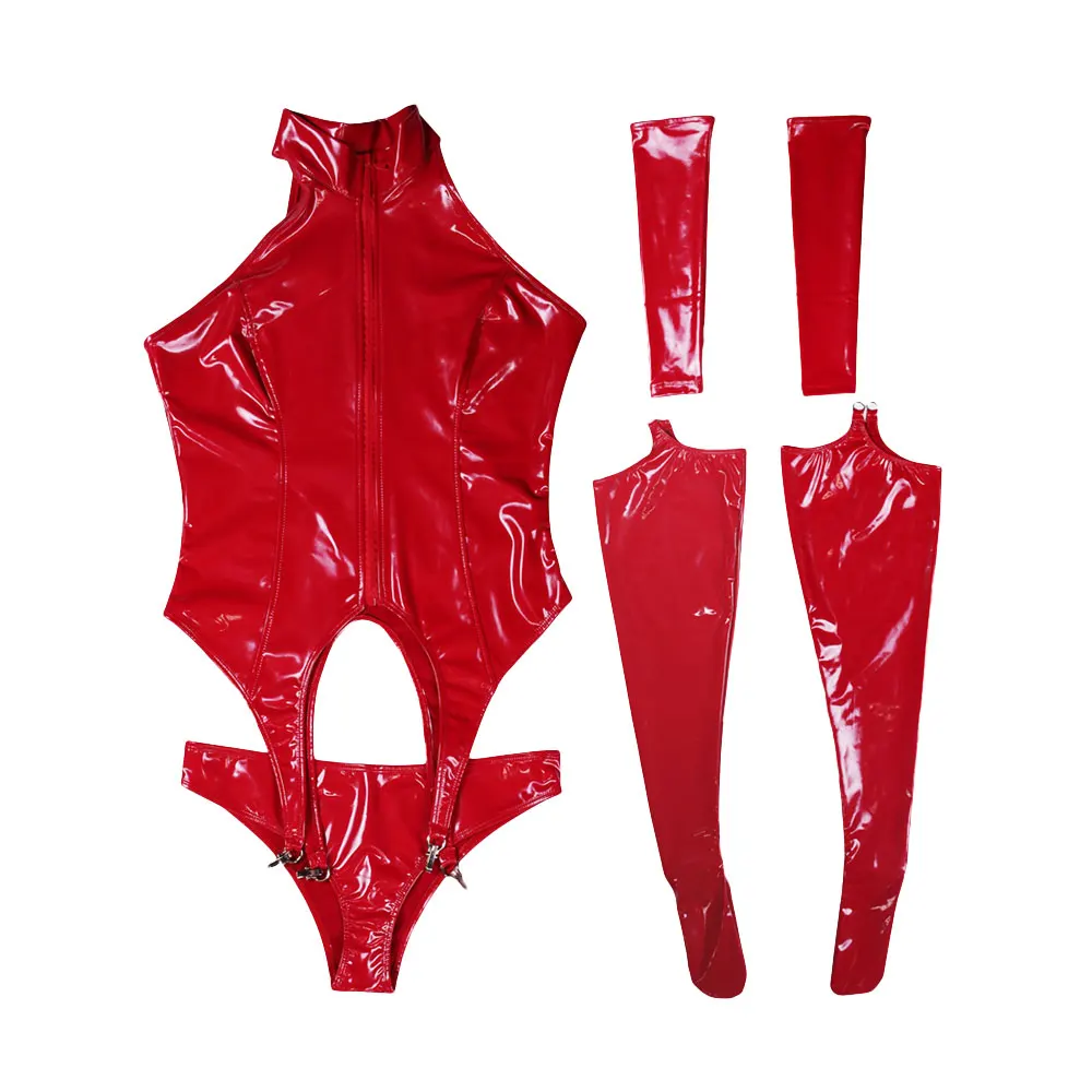 Sexy Women Cosplay Maid High Cut Bodysuit Hollow Out Role Play Sets PVC Latex Shiny Sexy Tights Bandage Leotard PU Uniform