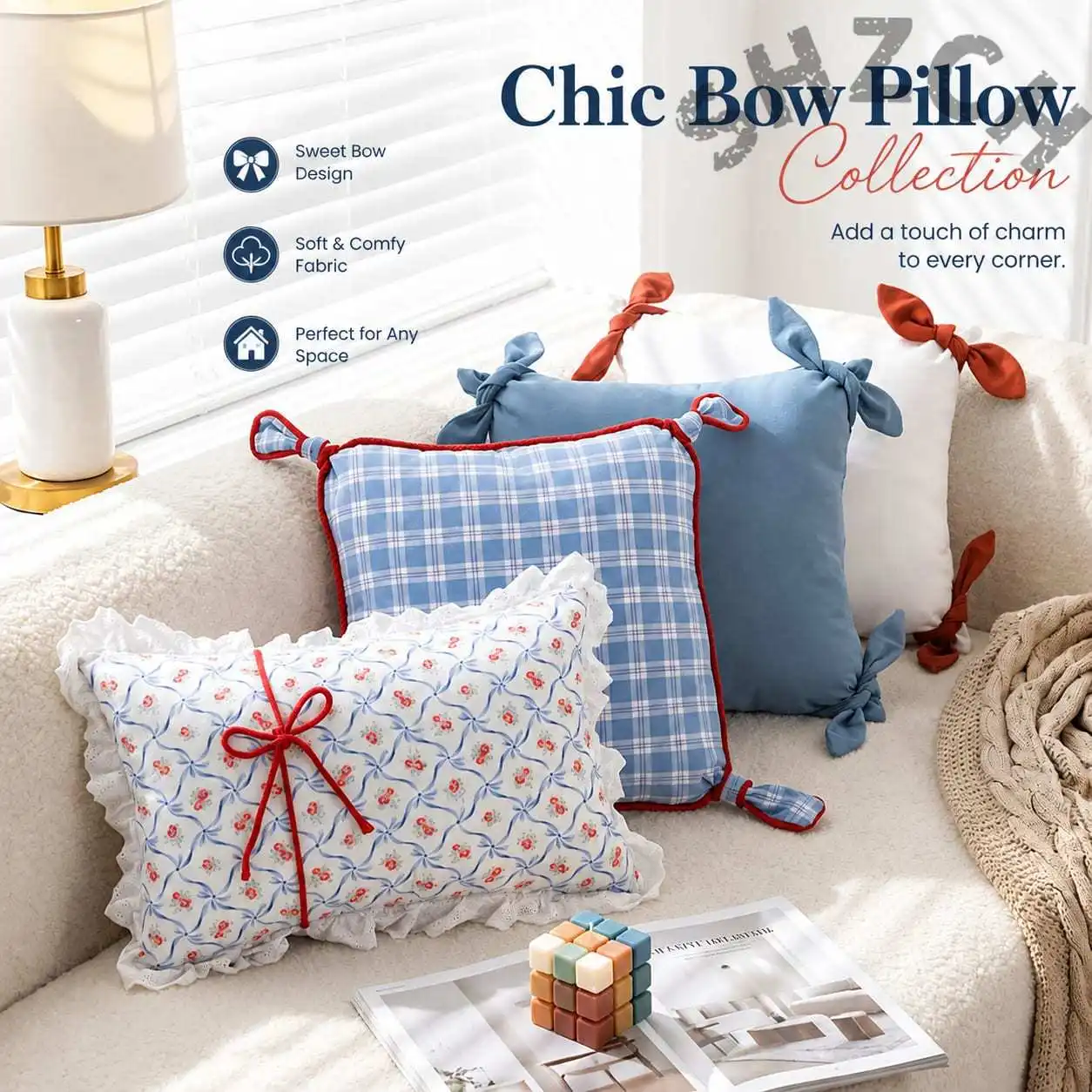 Plaid Floral Lumbar Support Pillow with Cotton Fill, Red Cord Trim, and Decorative Four-Corner Bows for Living Room