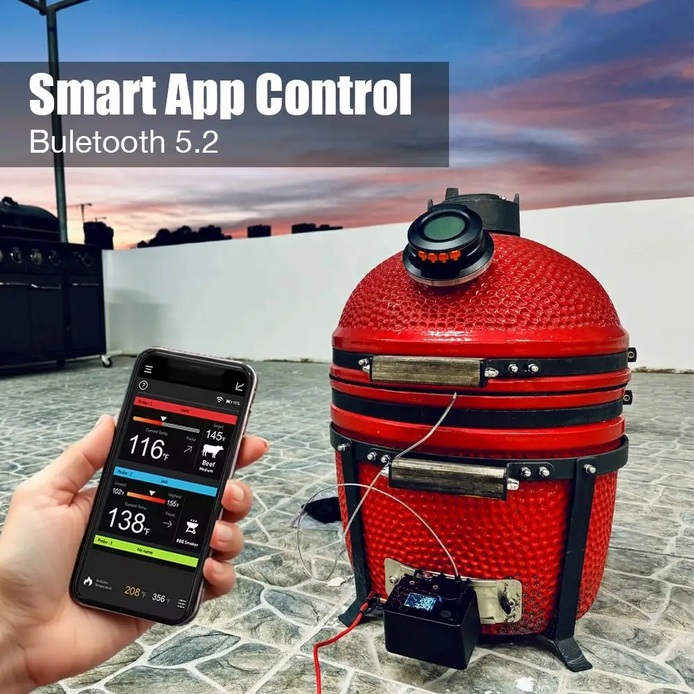 سماعة لاسلكية تعمل بالبلوتوث ميزان حرارة اللحوم PID BBQ جهاز تحكم بالمروحة التحكم في درجة الحرارة لفرن المدخن كامادو
