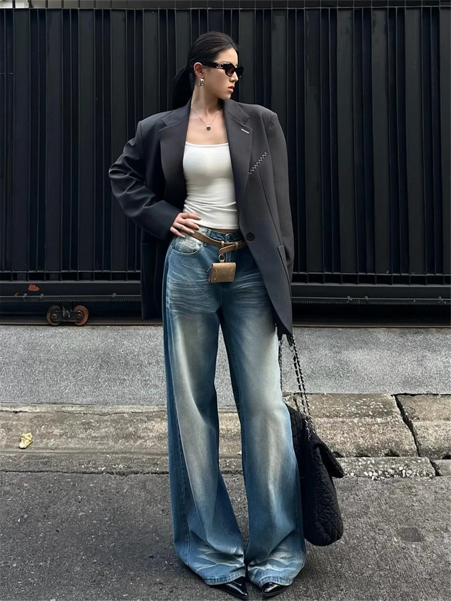 

Tall Women's Light Blue Low Waist Wide Leg Jeans Spring Loose Drapey Scratch Washed Floor-Length Pants American Style Cas...