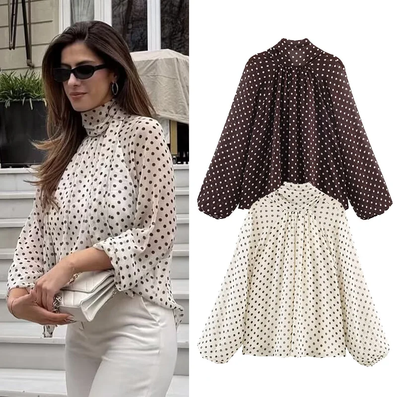 Women Polka Dot Print Blouse Casual High Collar Long Sleeve Lady Top Simple Women's Blouse Female Shirts & Blouses
