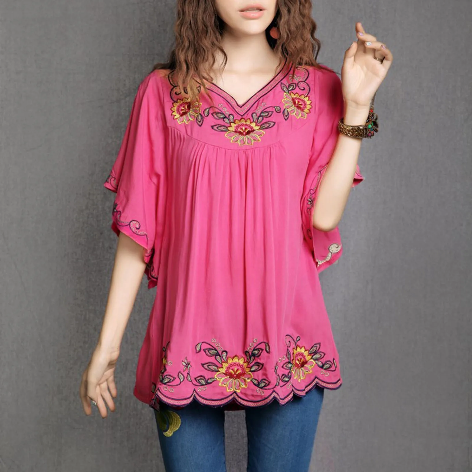 Tunic Women Mori Girl Embroidery Ethnic Retro Trend Top Shirt Bat Sleeve Short Sleeve Loose V Neck Large Size Korean Shirt