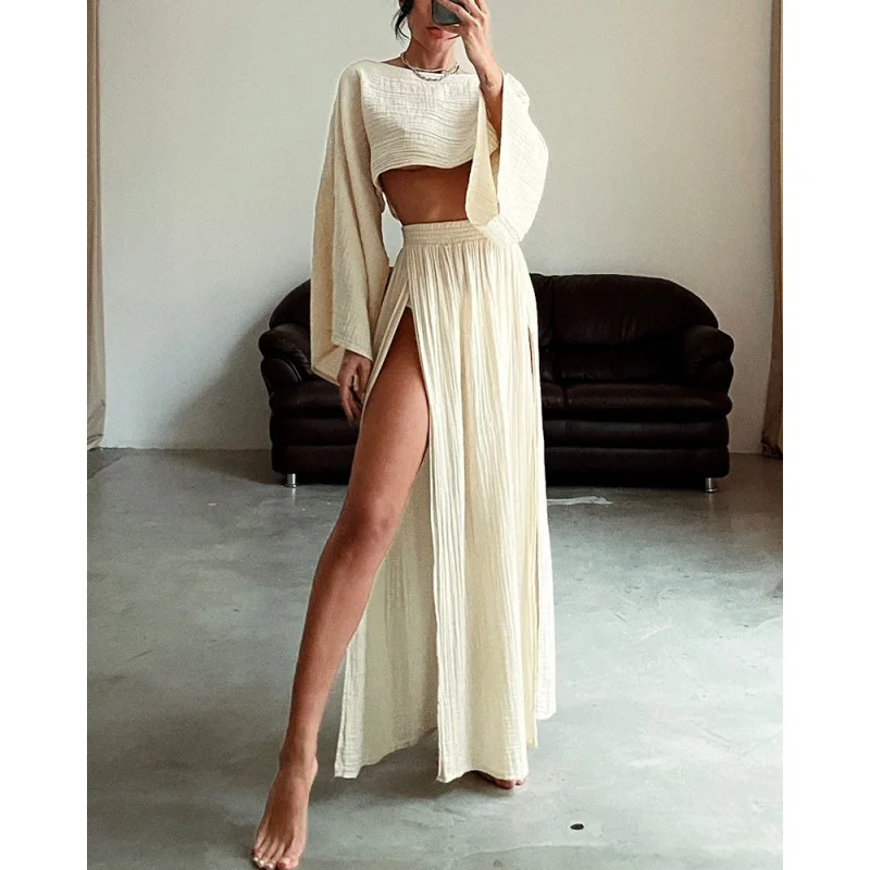 2024 Women Long Dress Short Top Two-piece Vacation Beach Sexy Cotton and Linen Slit Casual High Waist Fashion Solid Dress Sets