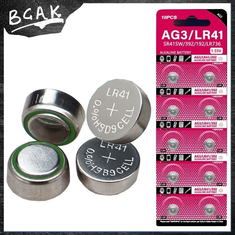 High Quality BCAK 100PC AG3 Button Battery LR41 Zinc Manganese 1.55V 40mAh Battery Cell for Watch Car Key Remote Calculator Toy