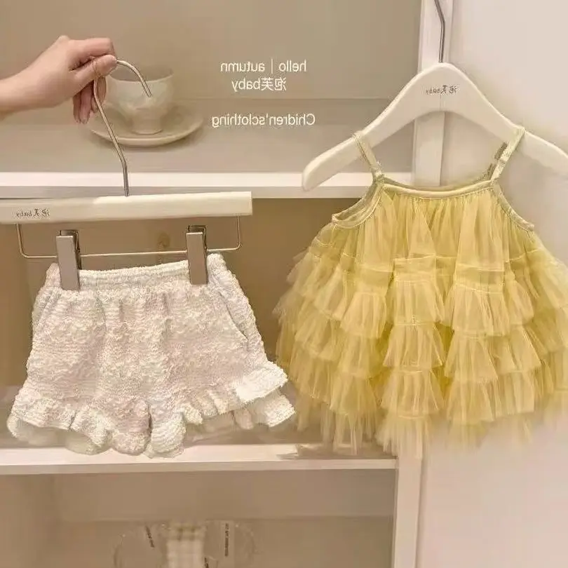 

Summer New Baby Girl Clothing Set Princess Style Fluffy Lace Camisole Top with Shorts 2-Piece Set for Children