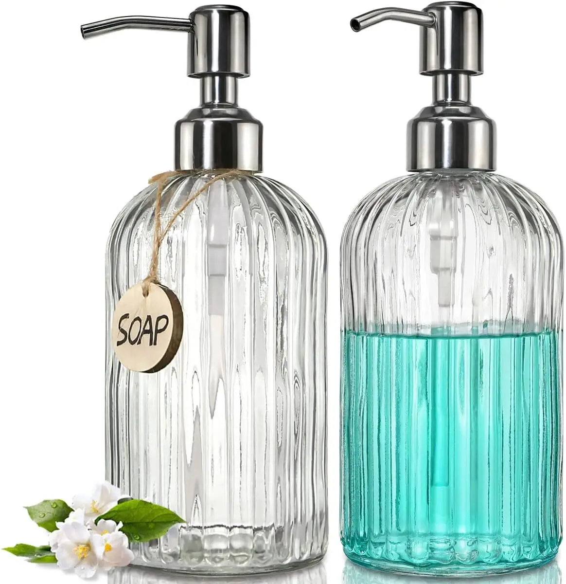 

2-Pack 18oz Glass Soap Dispenser with Rust Proof Stainless Steel Pump, Refillable Hand Soap Dispenser for Kitchen & Bathroom