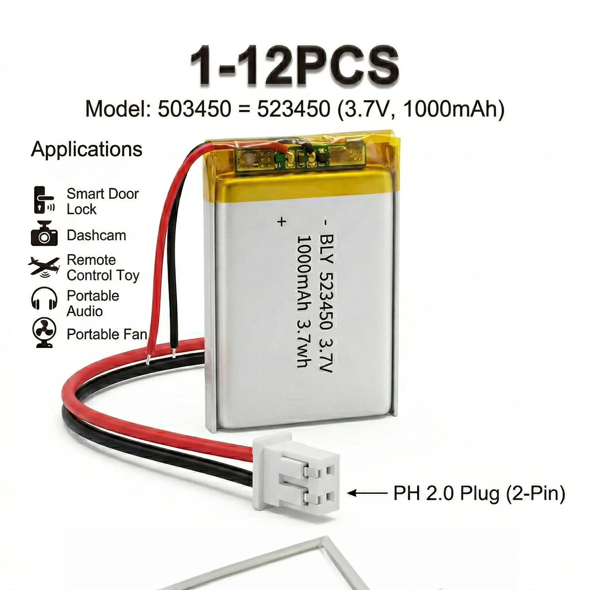 

1000mAh 3.7V 503450 523450 Lithium Polymer Battery Rechargeable Lipo Li-ion Replacement for Bluetooth Speaker GPS Navigator