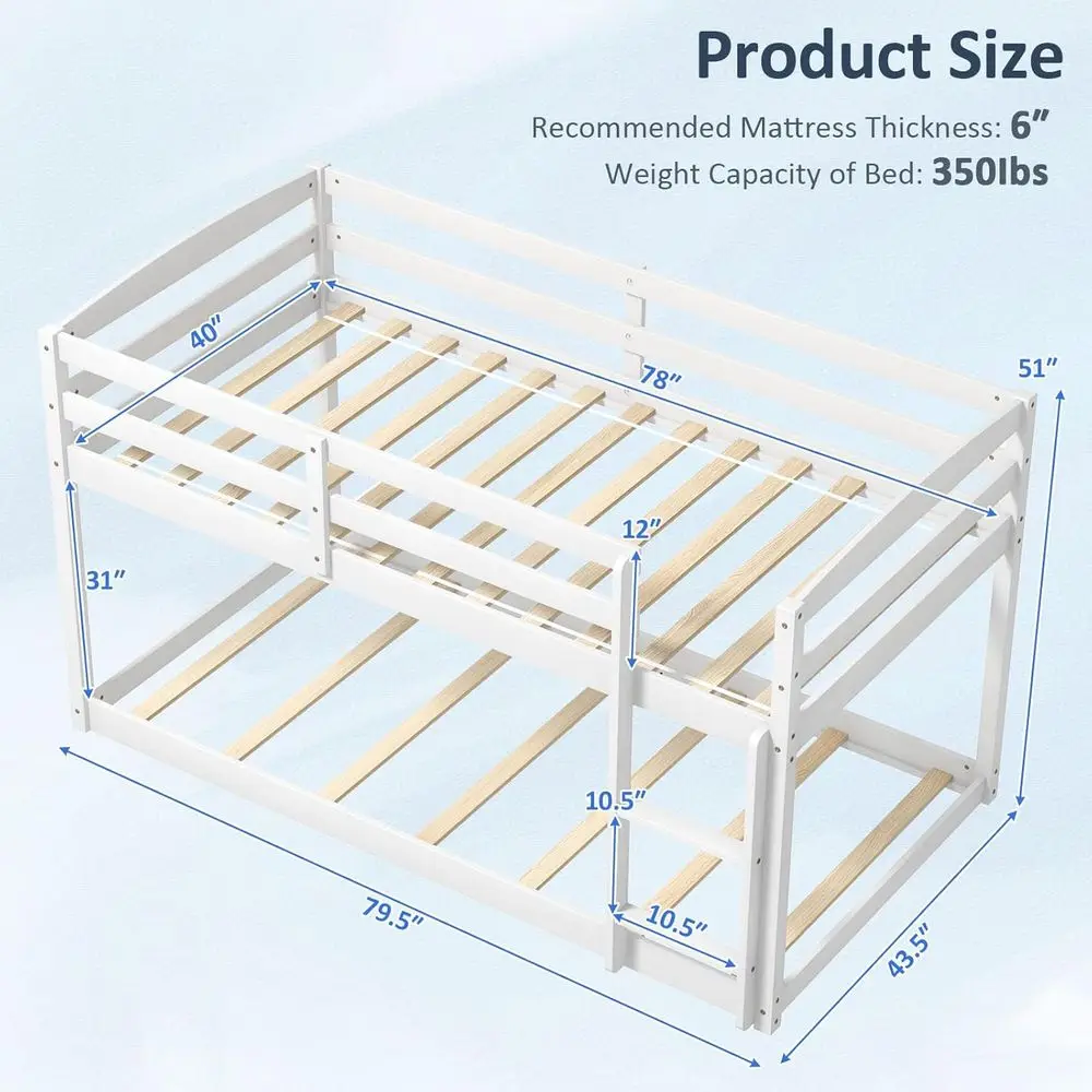 Twin Low Bunk Bed, Solid Wood Twin Over Bunk Bed e with ull Guardrails & Integrated Ladder, loor Bunk Beds or Kids Boy