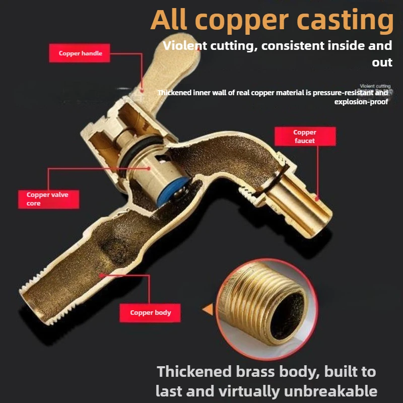 صنبور غسيل نحاسي كامل مقاس 1/2 بوصة، صنبور مياه بارد فردي مع صنبور ملولب مدبب للآلة والحوض والجراج والاستخدام الخارجي