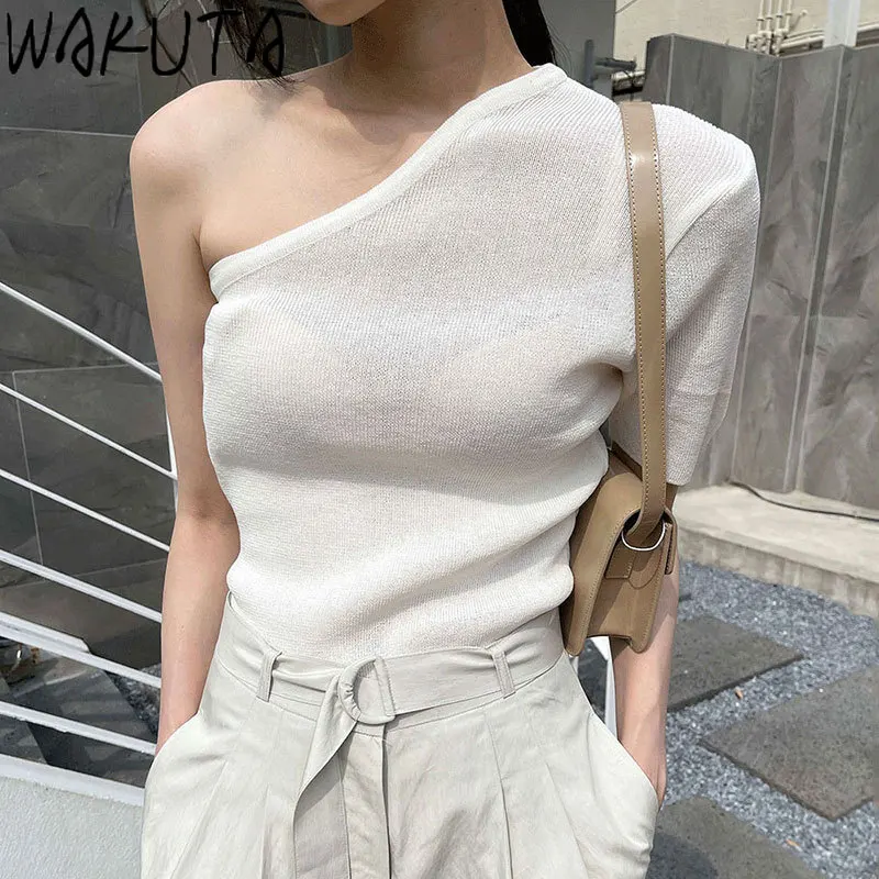 WAKUTA Skew Collar Slim magliette lavorate a maglia donna estate elegante Sexy Off spalla Solid Ladies maglioni top coreano 2024 Fashion