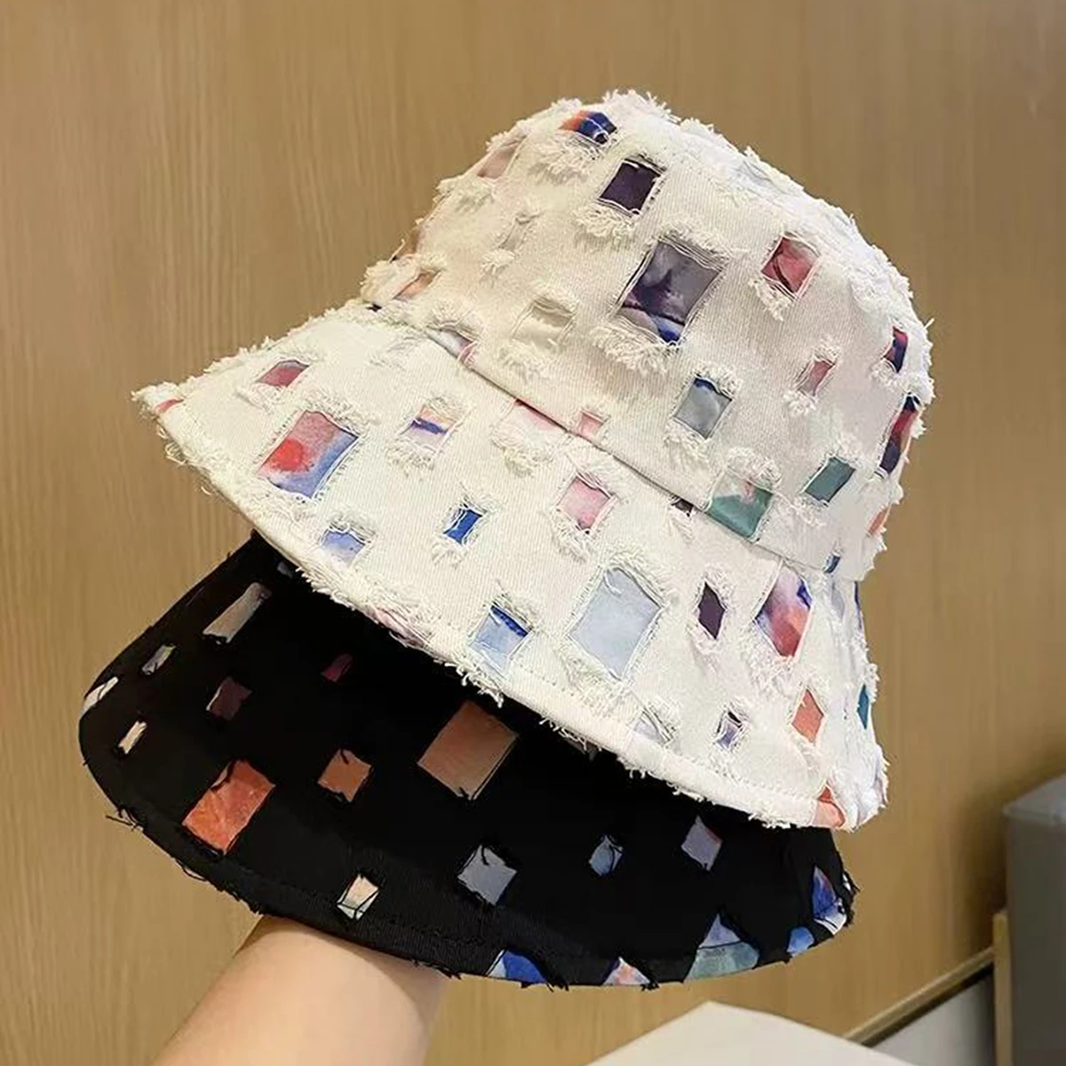 Zerrissener Stil, einfarbig, breitkrempiger Fischerhut für Damen, Gesichtsschlankheits-Sonnenschutz-Fischerhut für Herren, cooler und lässiger Hut, trendige und niedliche Mode zum Einkaufen und