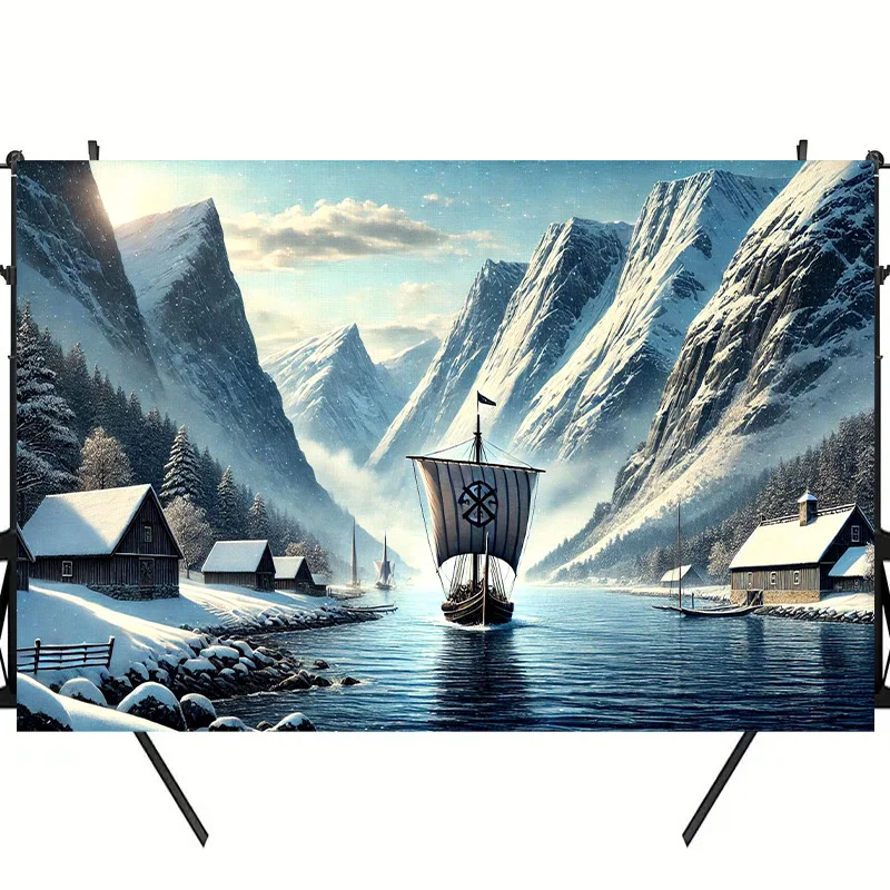 Viking Longship Snowy Fjord Winter Landscape 2D Flat Tapestry Backdrop For Living Room Decor Nordic Wall Hanging Art