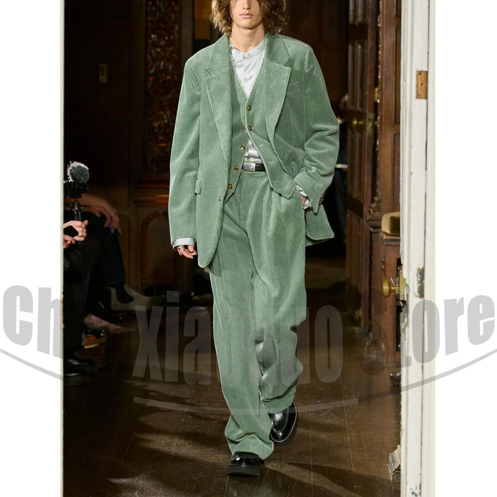 Chic Corduroy Men's Suit 3 Piece Single Breasted Oversized Wear Vintage Textured Party Wedding Tuxedo (Blazer+Vest+Pants)