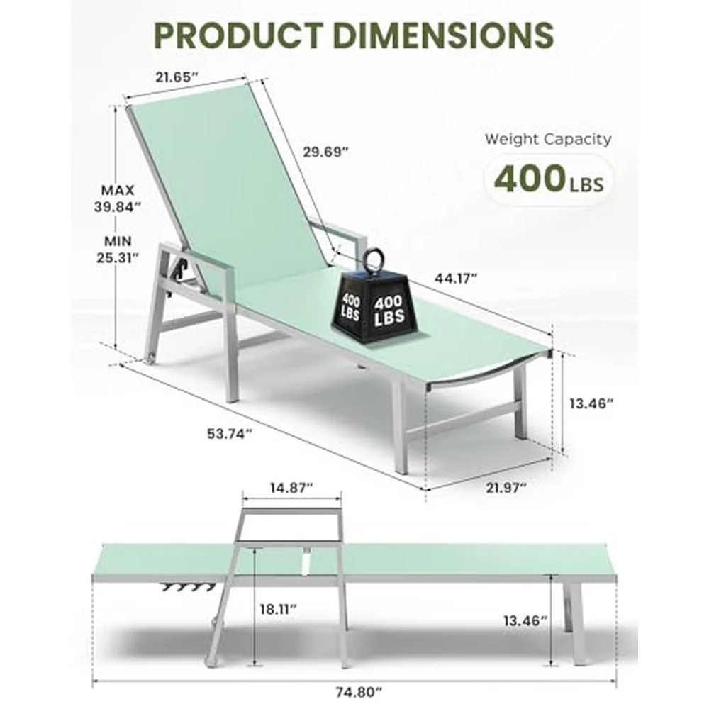 Patio Chaise Lounge Chair Outdoor Set of 2 with Wheels&Armrests Aluminum Pool Lounge Chairs Five Position Adjustable