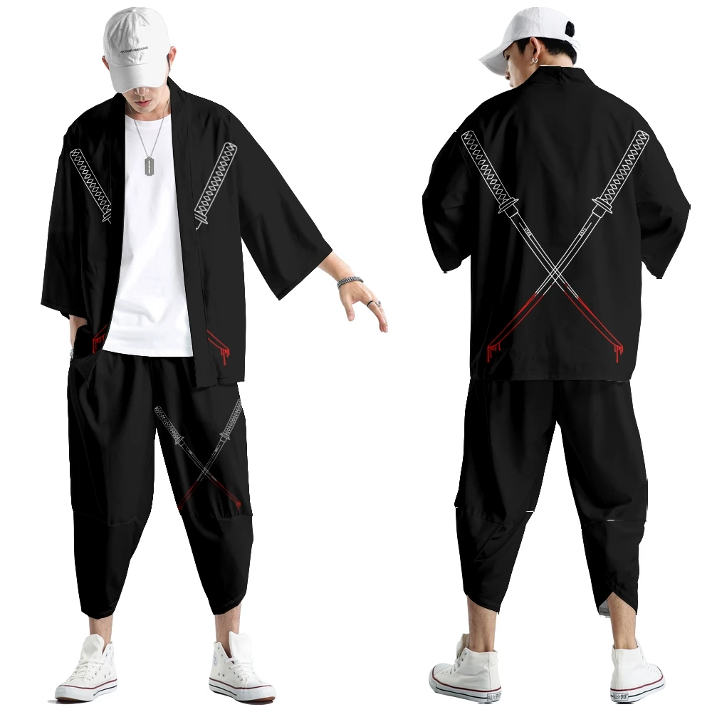 Double Sword Demon 3D Digital Printing Japanese Style Fashion Kimono and Pants Set Men Cardigan Blouse Haori Obi Asian Clothes