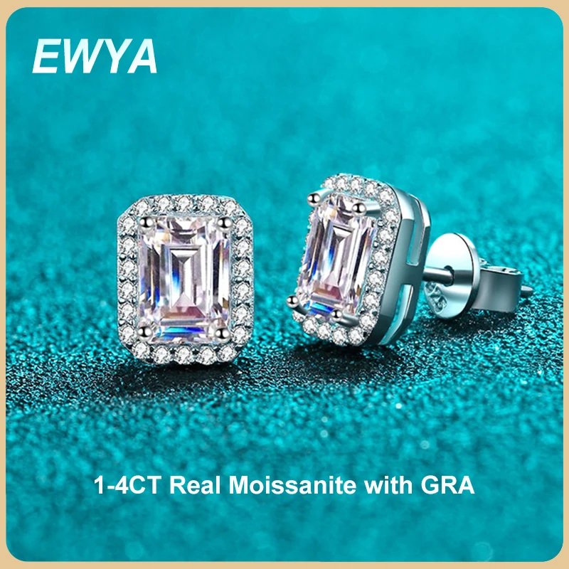 

EWYA New In 1-4CT Emerald Cut Moissanite Stud Earrings For Women Party Bridal Fine Jewelry S925 Sterling Silver Diamond Earring