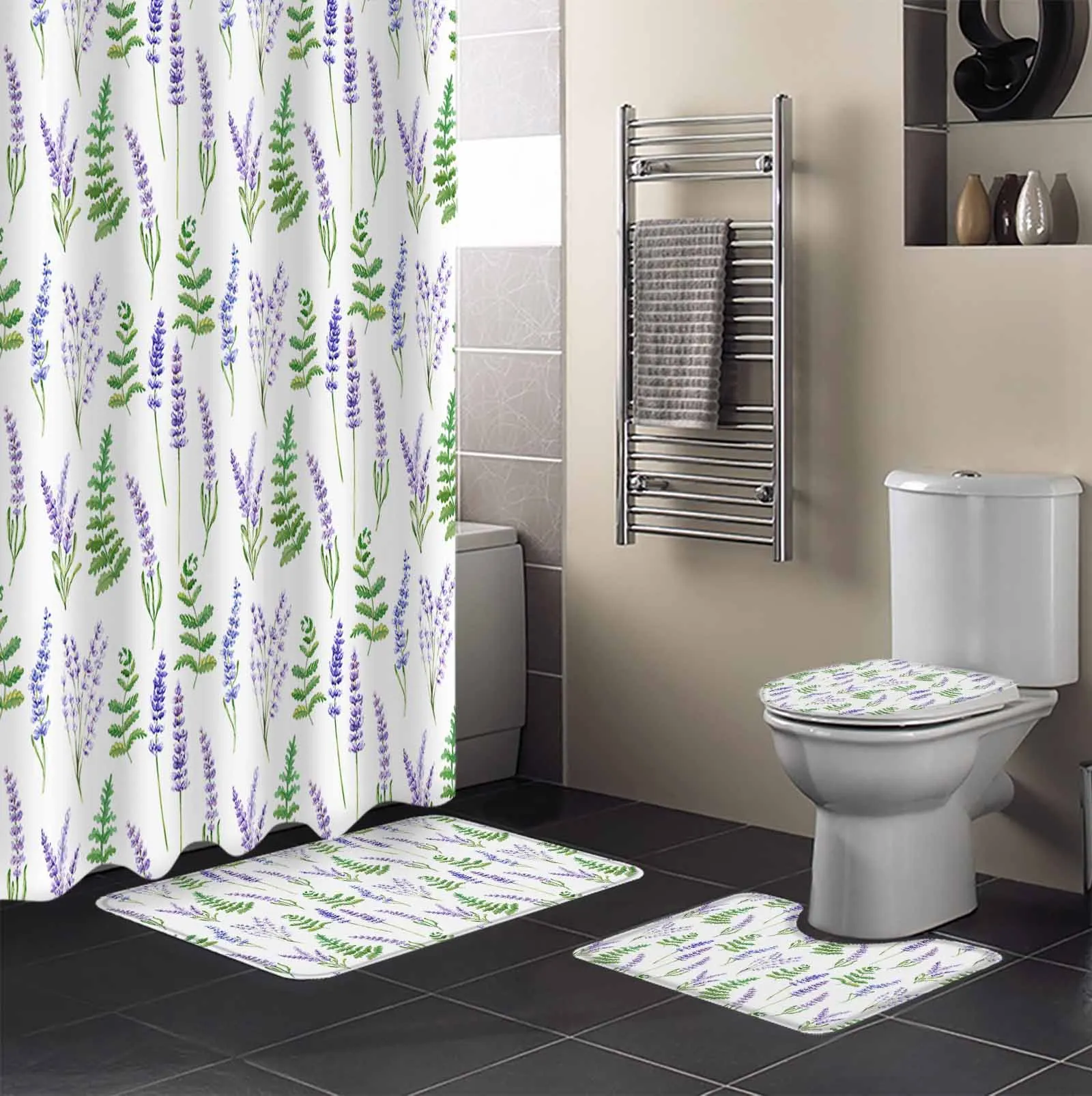 Lavender Purple Flower Leaves Plants Shower Curtain Set Non-Slip Rugs Bath Mat Toilet Lid Cover Waterproof Bathroom Curtain