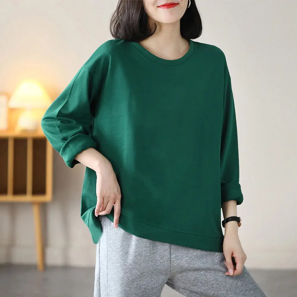 2024 Early Autumn Plus Size Long Sleeved Sweatshirt in Green Orange Loose and Casual Slimming with Printed Base for Women\'s Top