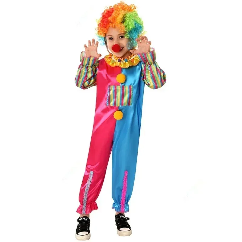 Tuta colorata di alta qualità Clown Cosplay Cos Suit 2024 Carnevale Nuovo costume da spettacolo teatrale per campus a contrasto per bambini