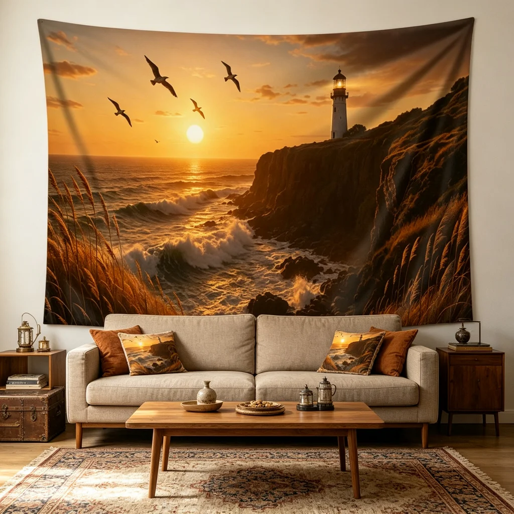 1PC Lighthouse Sunset Art Print Backdrop Banner, Bedroom Living Room Photo Background, Polyester, Home Decor, Wall Art