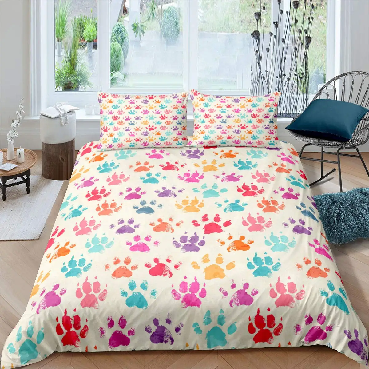 

Footprint Duvet Cover Set Kids Watercolor Bedding Set Animal Footprints Colorful Puppy Paws Multicolor Graffiti Art Quilt Cover