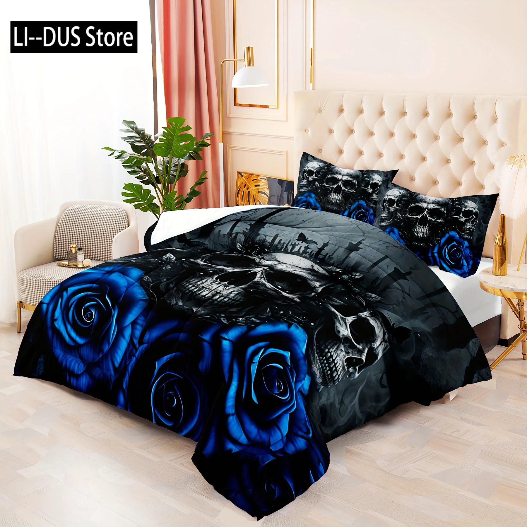 

3pc Skull Bedding Set Goth Bedding Sets Queen Size King Size With Rose Halloween Skull Bed Blue Black Duvet Cover