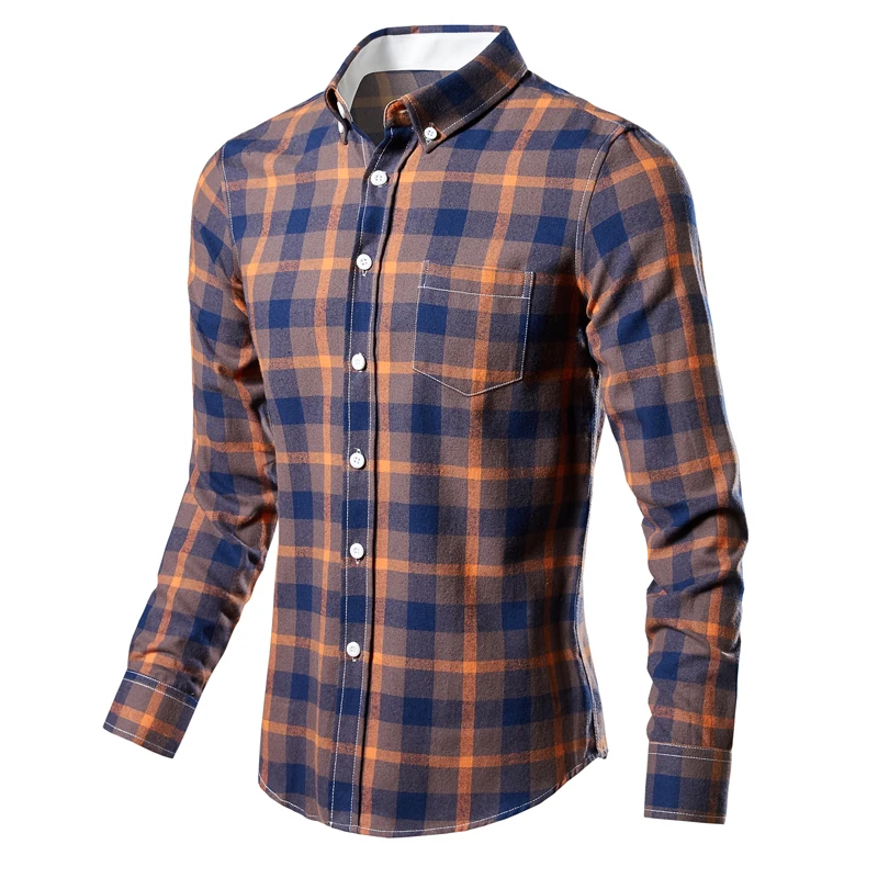 Men\'s Plaid Shirt Long Sleeve 100% Cotton Casual Slim Buttons Business Social Dress Shirts Blouse Men Clothing