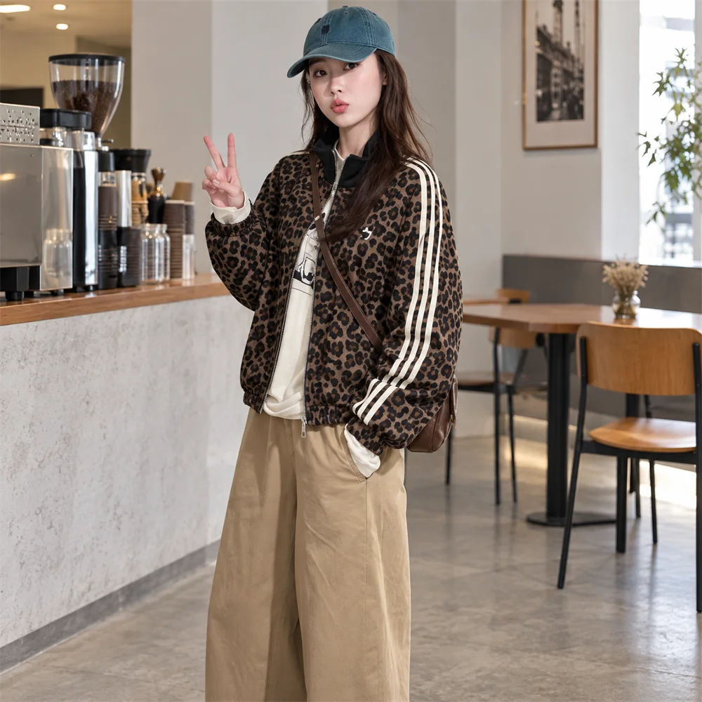 Women's Leopard Print Zip Jacket Relaxed Fit Casual Streetwear Outerwear