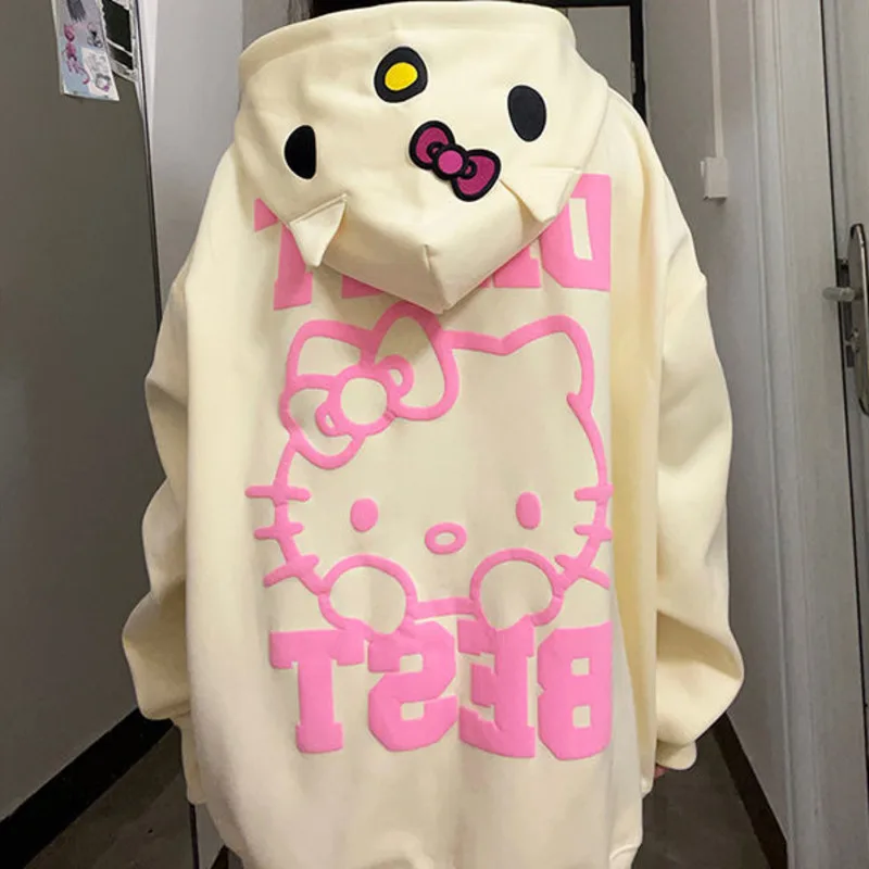 Cartoon Hello Kitty Loose Hoodie Sweatshirt Sanrio Kawaii KT Cat Girl Oversize Coat Women Long Sleeve Zipper Casual Clothes