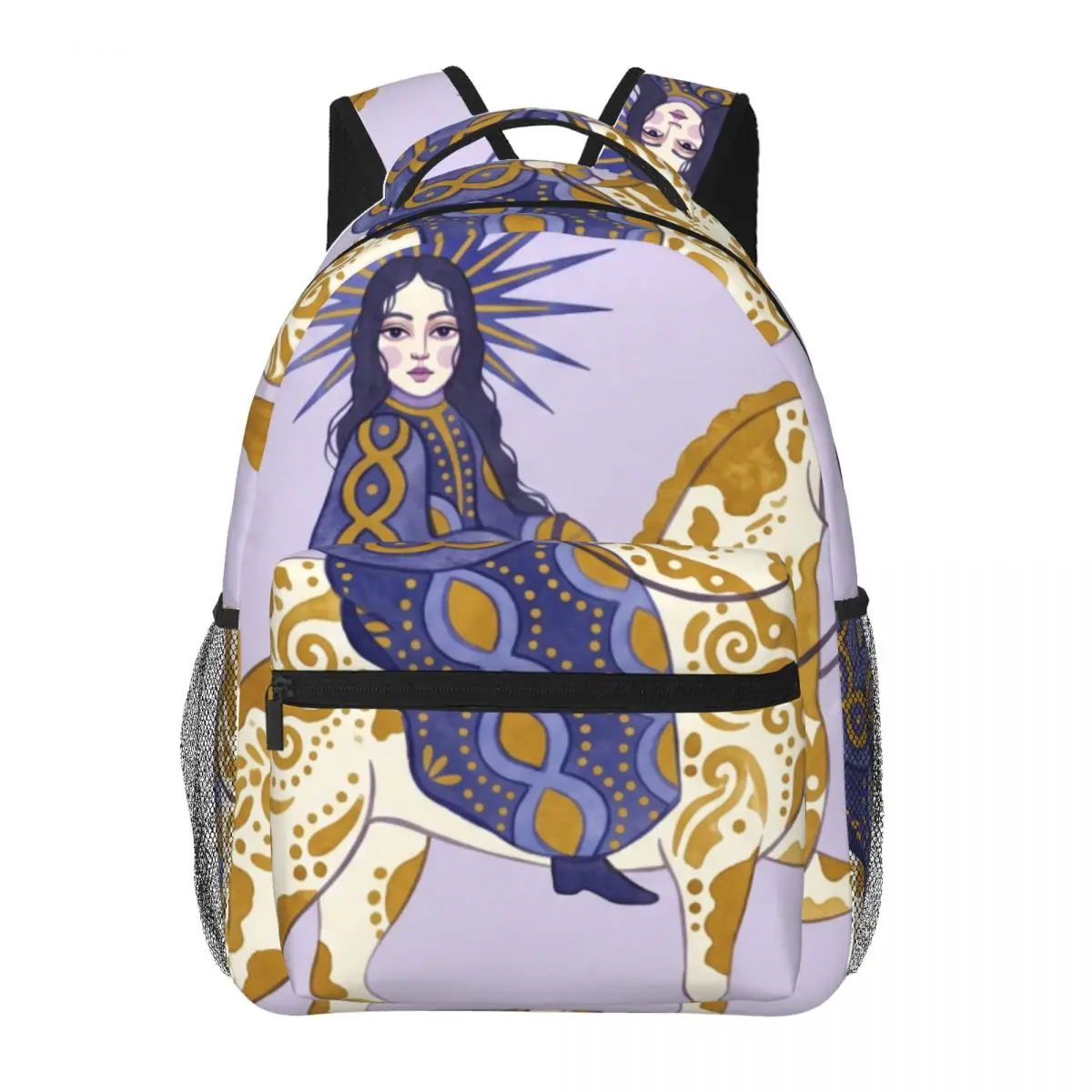Pastel Purple School Backpack Center Mythical Woman Folk Art Lilac Mustard Indigo Purple Daypack for School Daily Birthday Gift