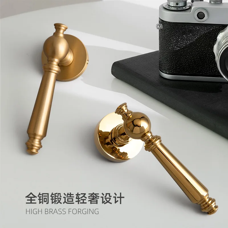 Pure Copper Bedroom Door Lock Brass Indoor Silent Room French Gold Double Handle Wooden Door Lock