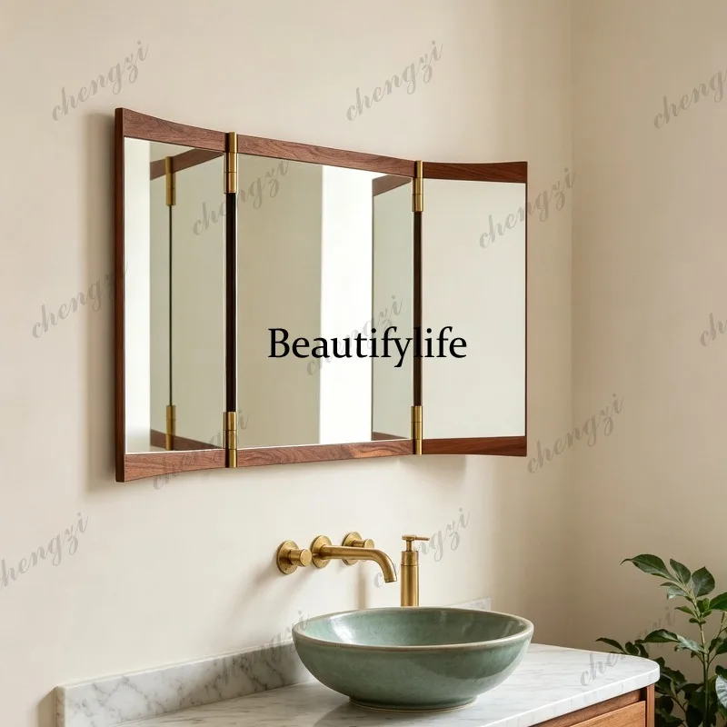 A74 medieval hanging triple folding bathroom mirror adjustable multi-angle makeup mirror solid wood frame mirror
