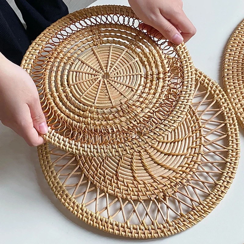 Round Wicker Tray Rattan Woven Wall Hanging Bohemian Country Style Handmade Wall Decor For Living Room Bedroom Wall Display