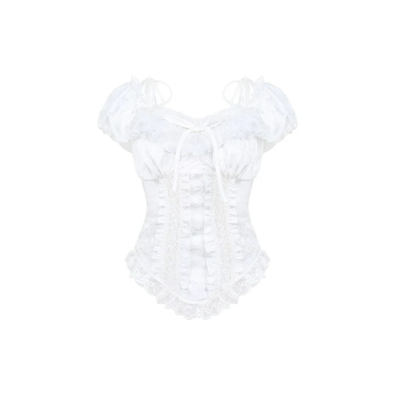 French Style Kawaii Lolita Style Skirt Set Women Sweet Square Neck Puff Short Sleeve Tops Y2k Mini Cake Skirt Cute White Outfit view 4