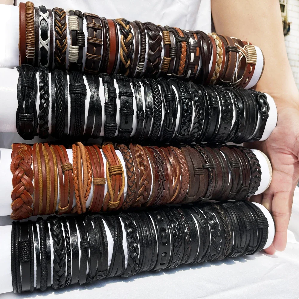 25Pcs/lot Hot Sale Wholesale Random Retro Multi-layer Leather Bracelet For Men Women Handmade Charm Bracelet Wrap Jewelry NM3