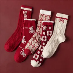 Chaussettes rouges en coton avec oreilles de lapin, pour femmes, automne et hiver, pour mariage