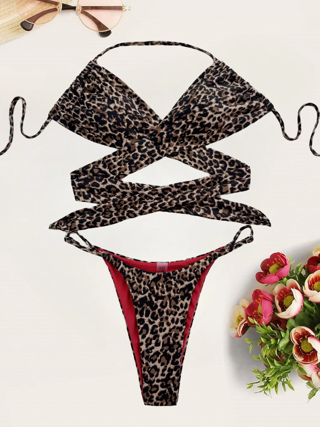 bikini incrociati con fasciatura sexy con stampa leopardata set due pezzi costume da bagno con cravatta all'americana costume da bagno abiti da spiaggia costumi da bagno biquini tankini