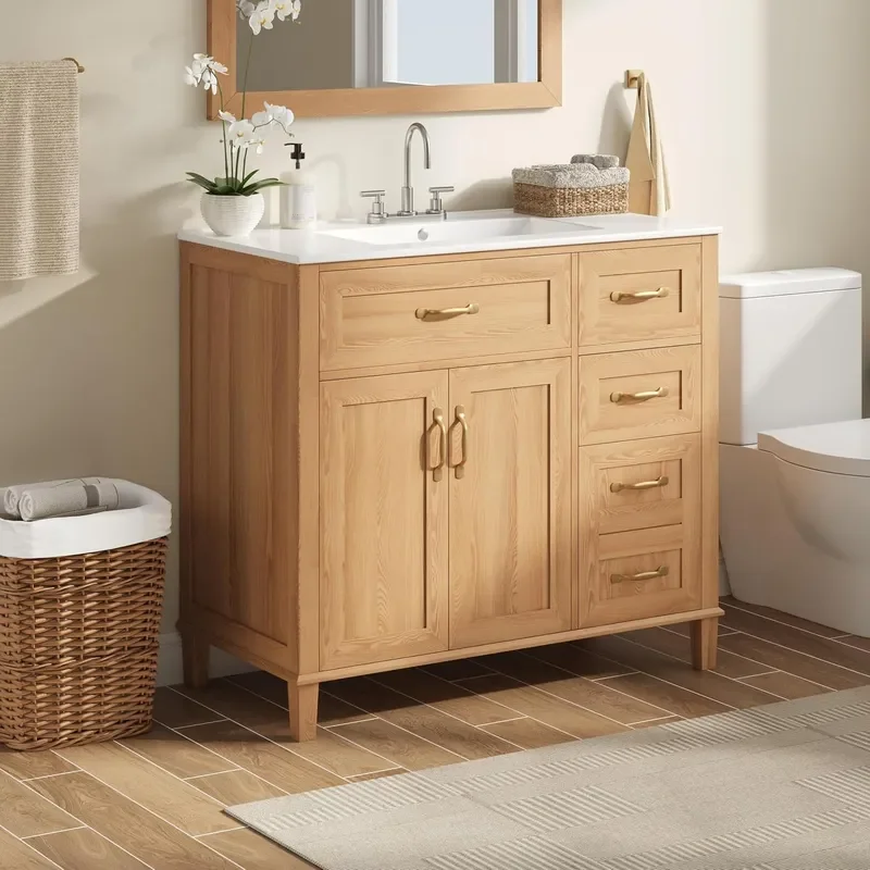 36 Inch Bathroom Vanities with Undermount Ceramic Sink Storage Cabinet with Soft Closing Doors and Three Drawers Solid Wood