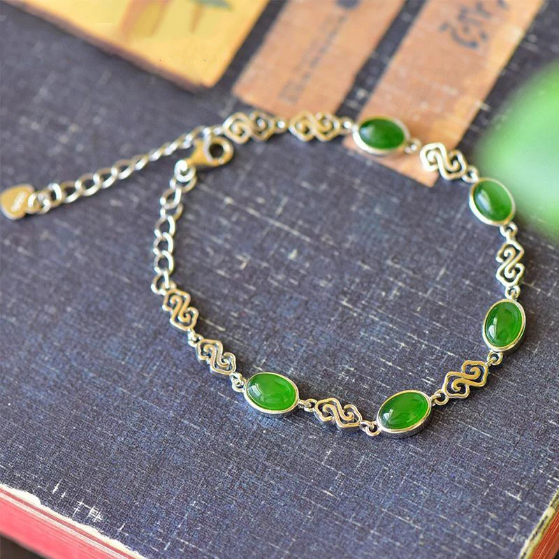 

Original retro Chinese style natural Hetian jade auspicious cloud bracelet for women delicate and fresh ladies silver jewelry