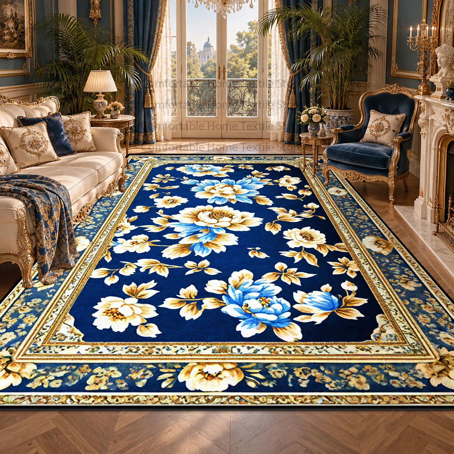 European Classical Palace Style Luxury Formal Living Room Rug Rococo Flora Decor Non-slip Larg Carpet Washable Soft Floor Mat
