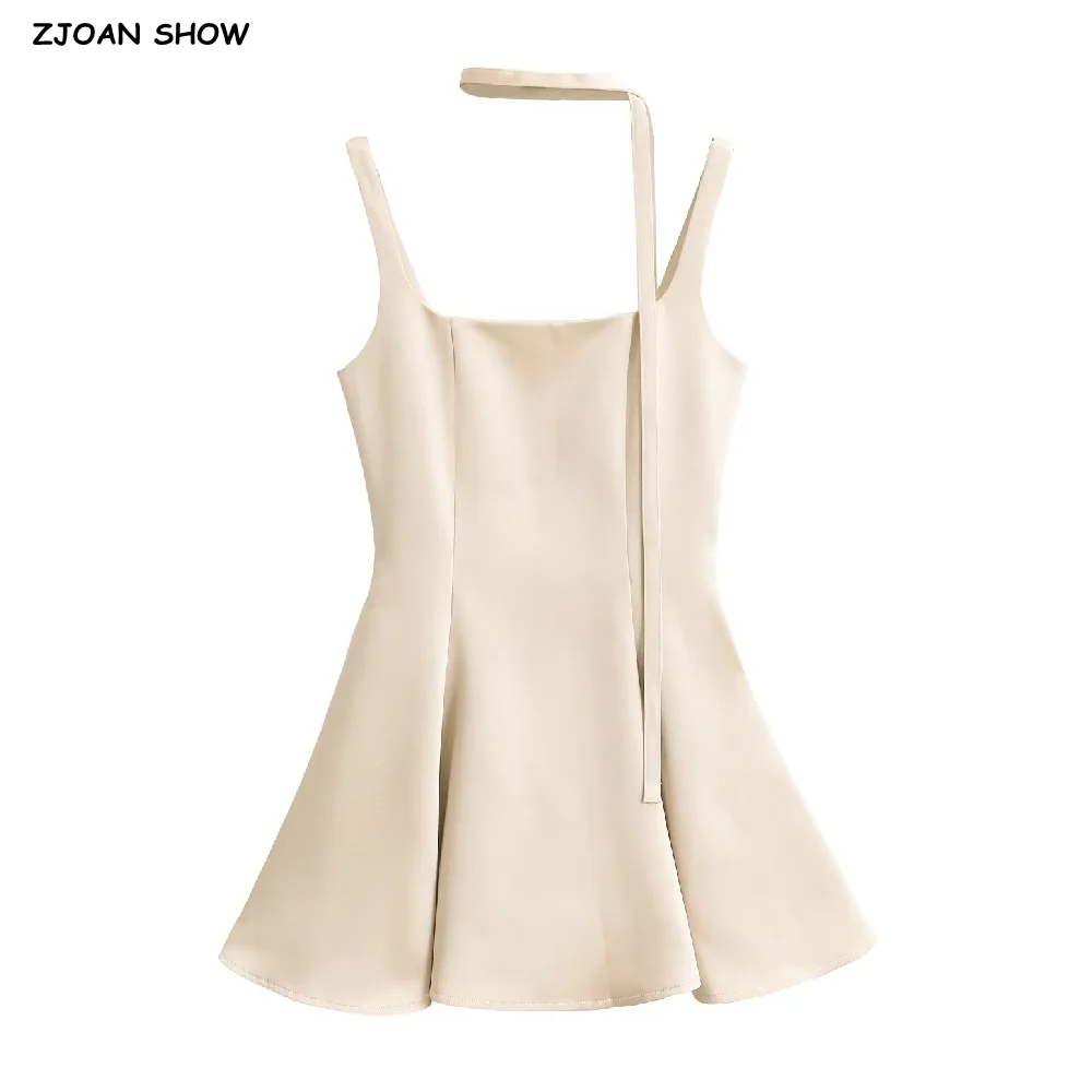 3 colors 2024 Summer Slash Collar Sling Mini Satin Dresses with Scarf Sexy Women Slim Waist A-Lined Swing Party Robe Vestidos