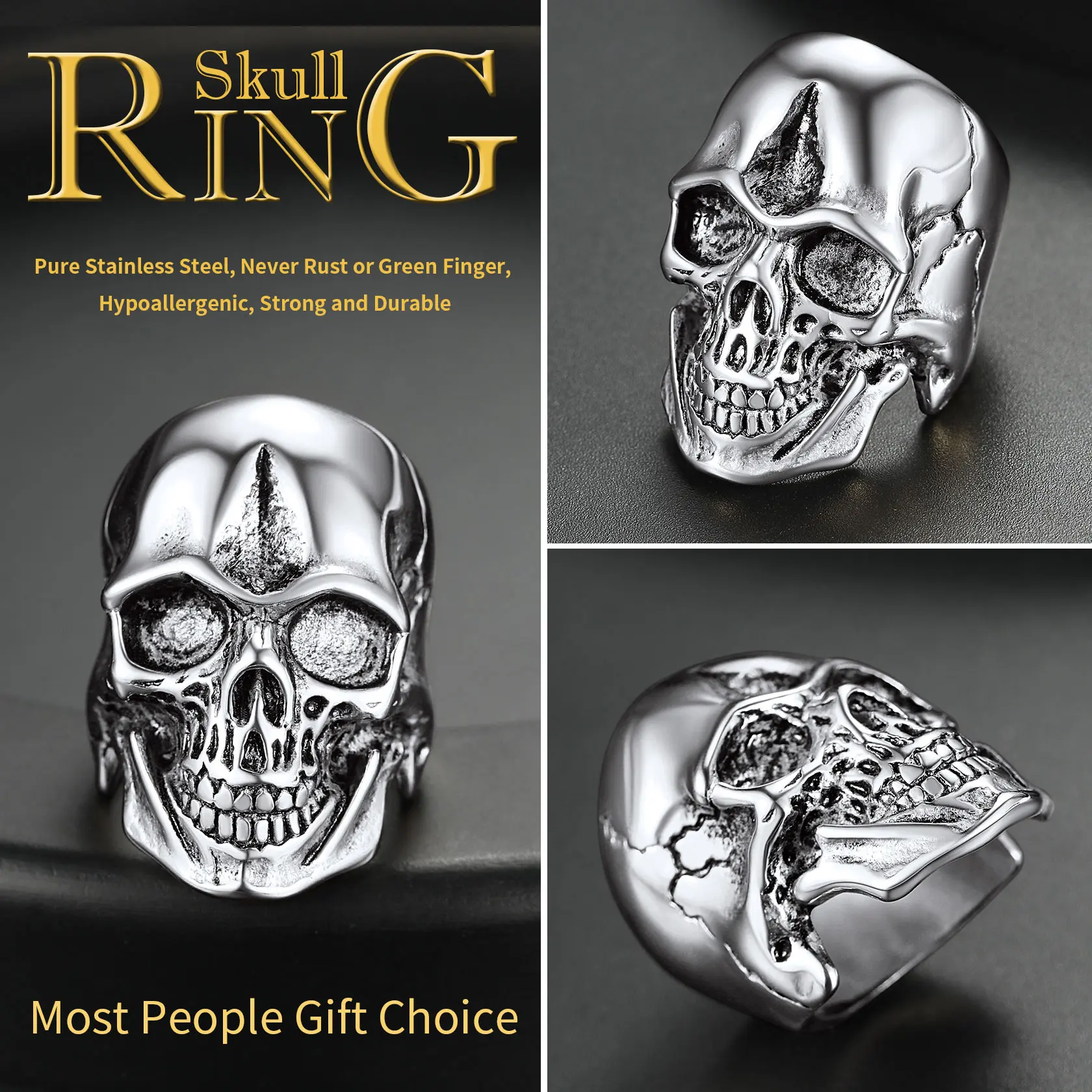 ChainsPro Gothic Skull Rings Stainless Steel 14K Gold Black Plated Band Skeleton Punk for Men Women Size 7-14 CP743