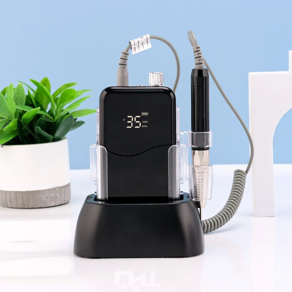 

L # For Black Heart Desktop Brushless Cordless Base LED Logo Electric Nail Drill Machine 35000rpm For Manicure Rechargeable Batt