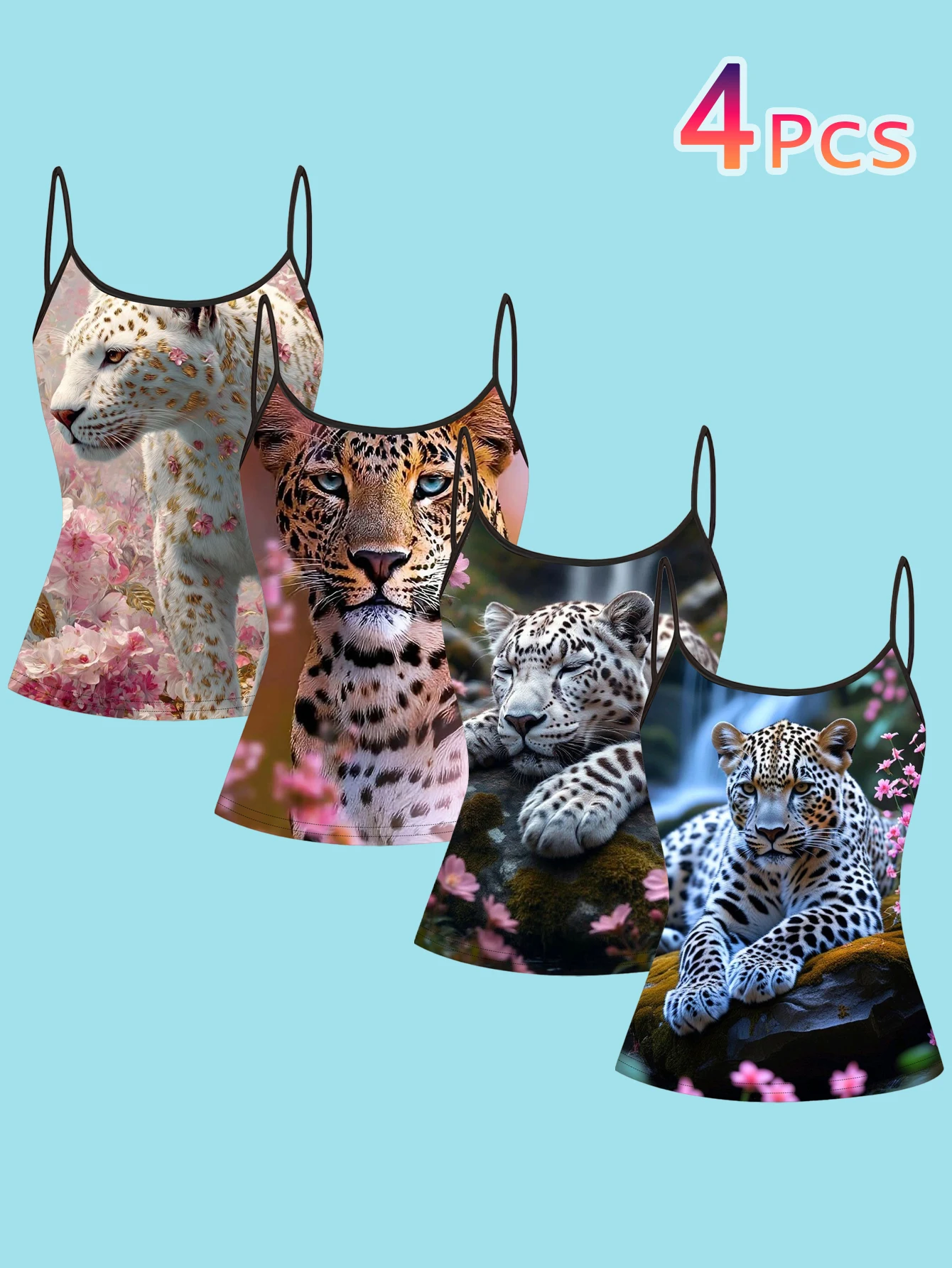 4-Piece Set of Women's Pink Floral Snow Leopard Realistic Animal Print Spaghetti Strap Camisole Slim-Fit Base Layer Tops